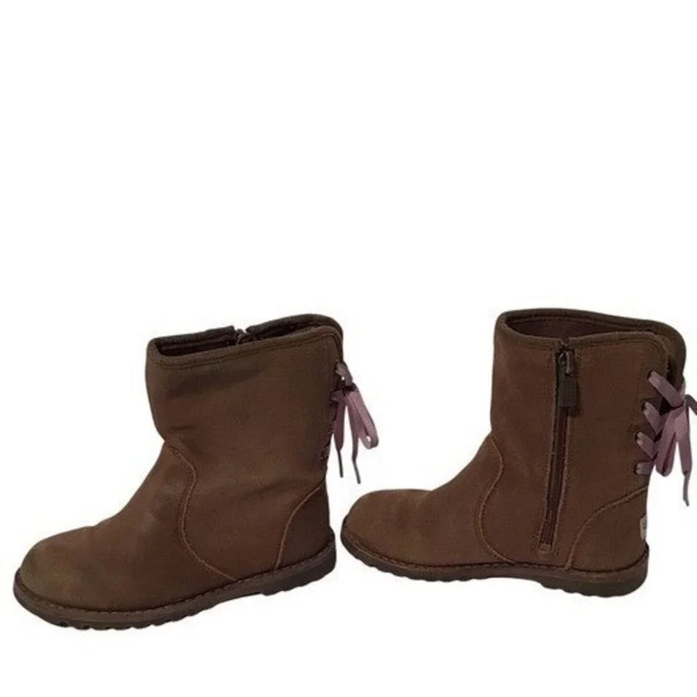 UGG Kids Brown Suede Side Zip Boots with Purple Back‎ Ribbon Detail Size 36